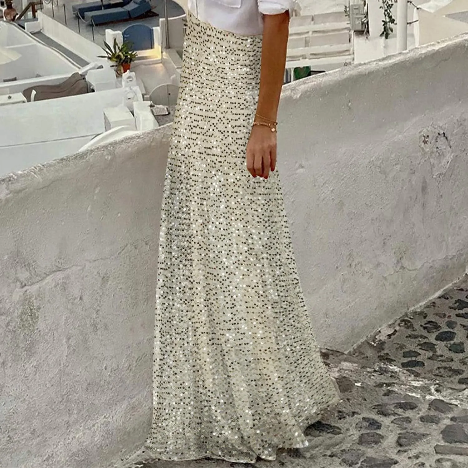 Sexy Layered Sequin Skirt for Women High Waist Disco Long Maxi Skirt Sparkle Glitter Night Flowy Evening Party Skirt