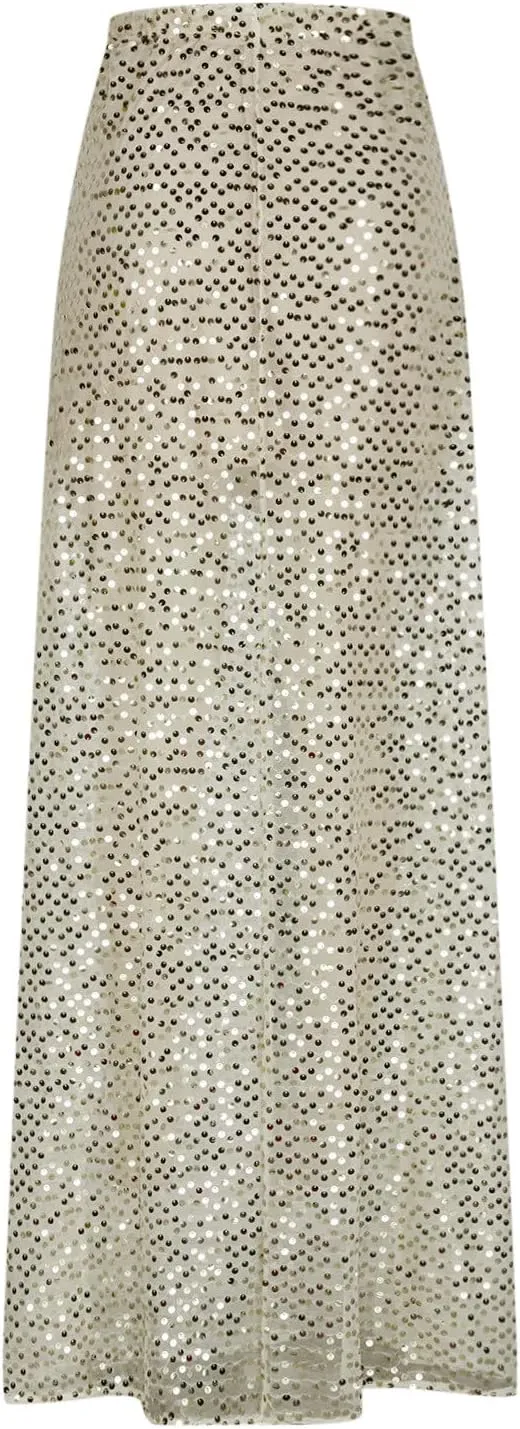 Sexy Layered Sequin Skirt for Women High Waist Disco Long Maxi Skirt Sparkle Glitter Night Flowy Evening Party Skirt
