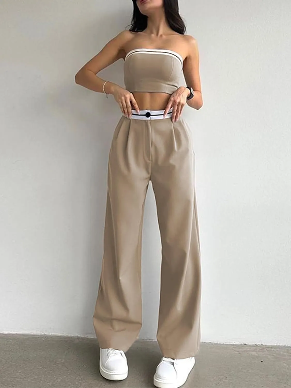 SHENHE Women's 2 Piece Outfits Strapless Bandeau Crop Tube Top and Wide Leg High Waist Pants Set