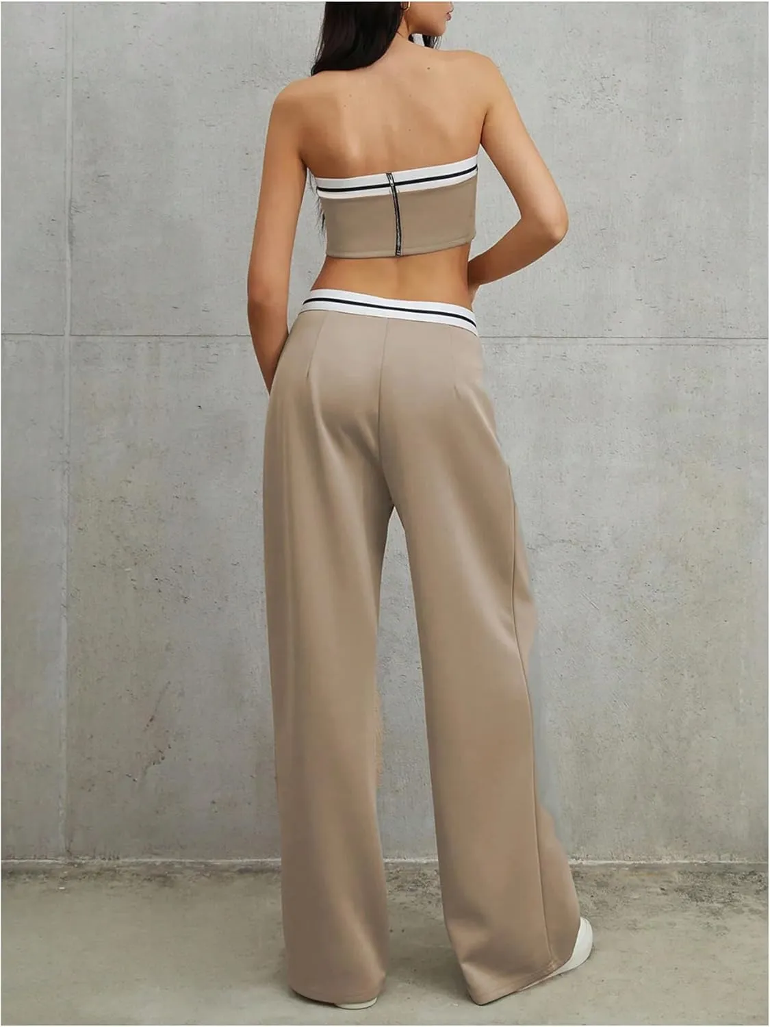 SHENHE Women's 2 Piece Outfits Strapless Bandeau Crop Tube Top and Wide Leg High Waist Pants Set