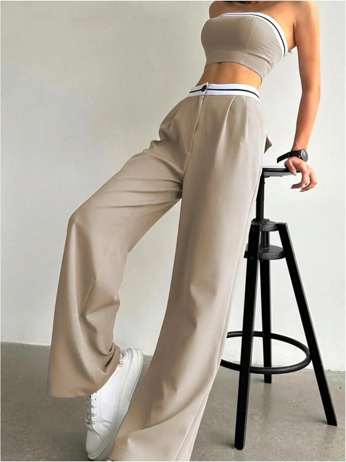 SHENHE Women's 2 Piece Outfits Strapless Bandeau Crop Tube Top and Wide Leg High Waist Pants Set