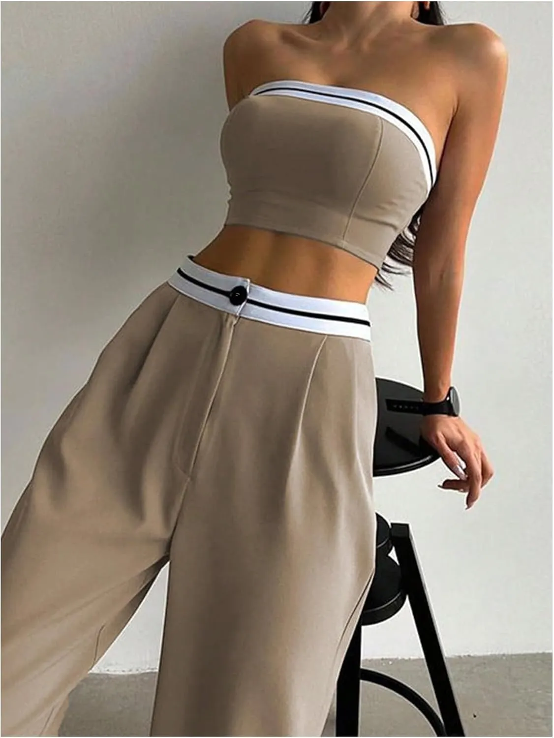 SHENHE Women's 2 Piece Outfits Strapless Bandeau Crop Tube Top and Wide Leg High Waist Pants Set