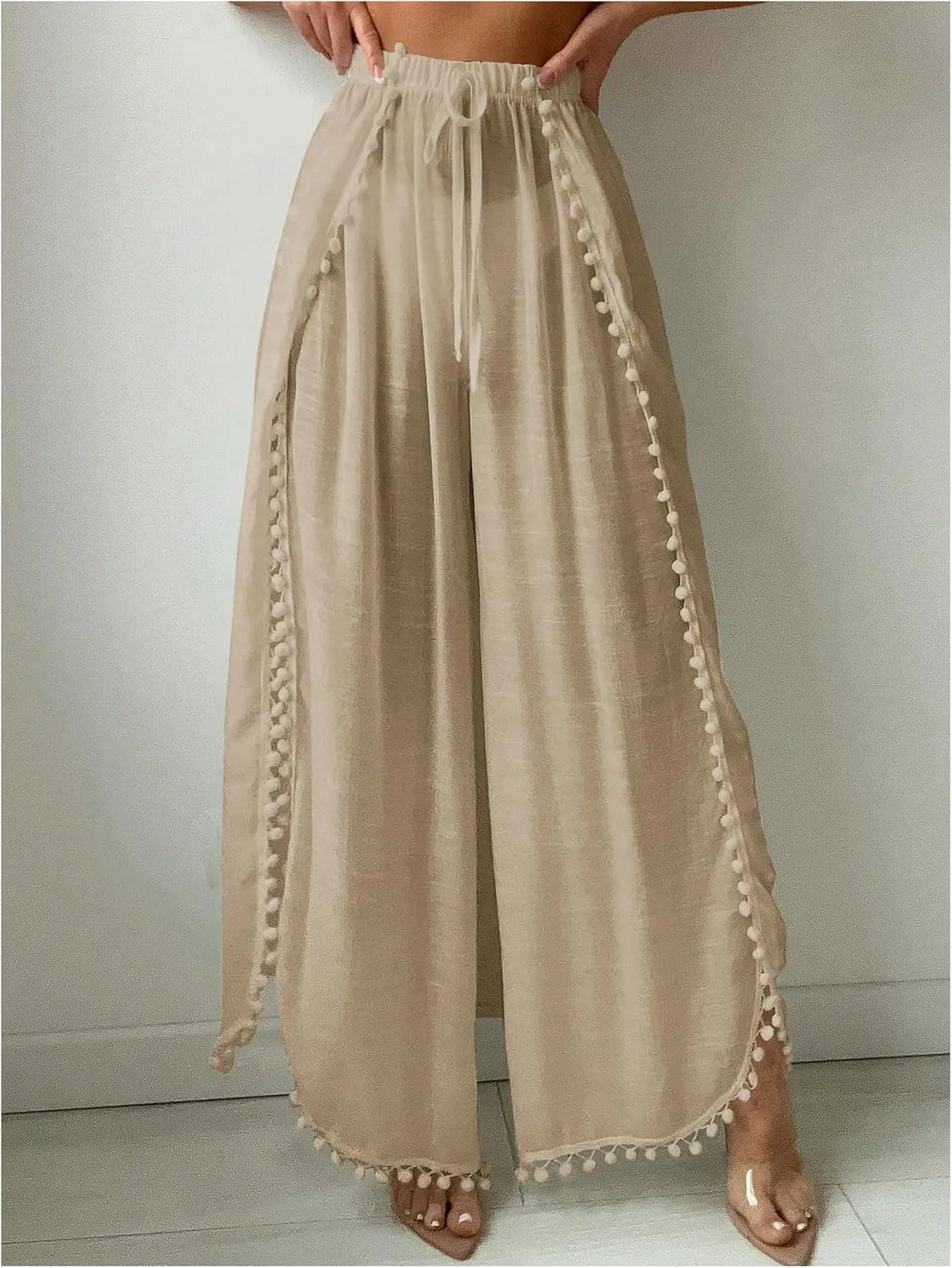 SHENHE Women's Bathing Suit Cover Up Pants Split Wide Leg Sheer Flowy Beach Palazzo Pants