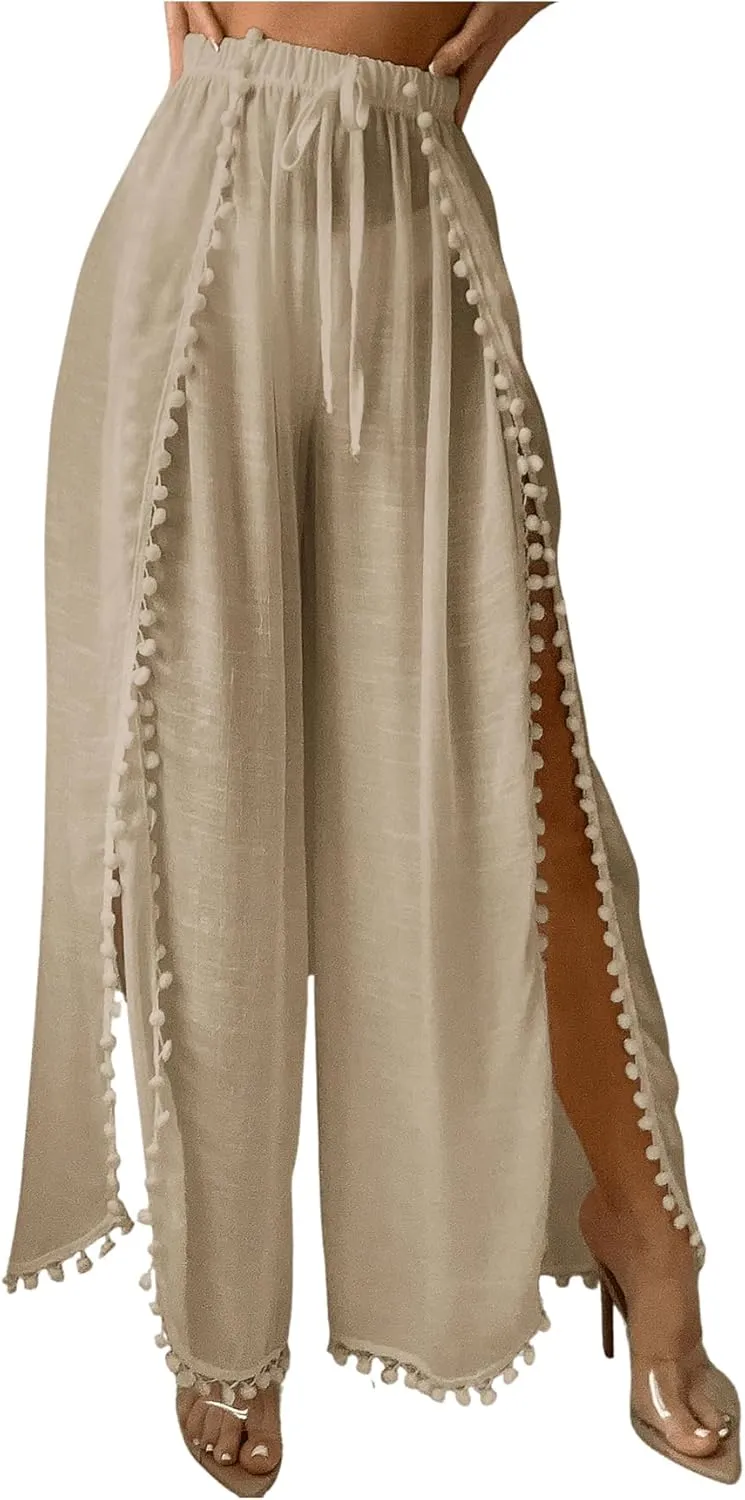 SHENHE Women's Bathing Suit Cover Up Pants Split Wide Leg Sheer Flowy Beach Palazzo Pants
