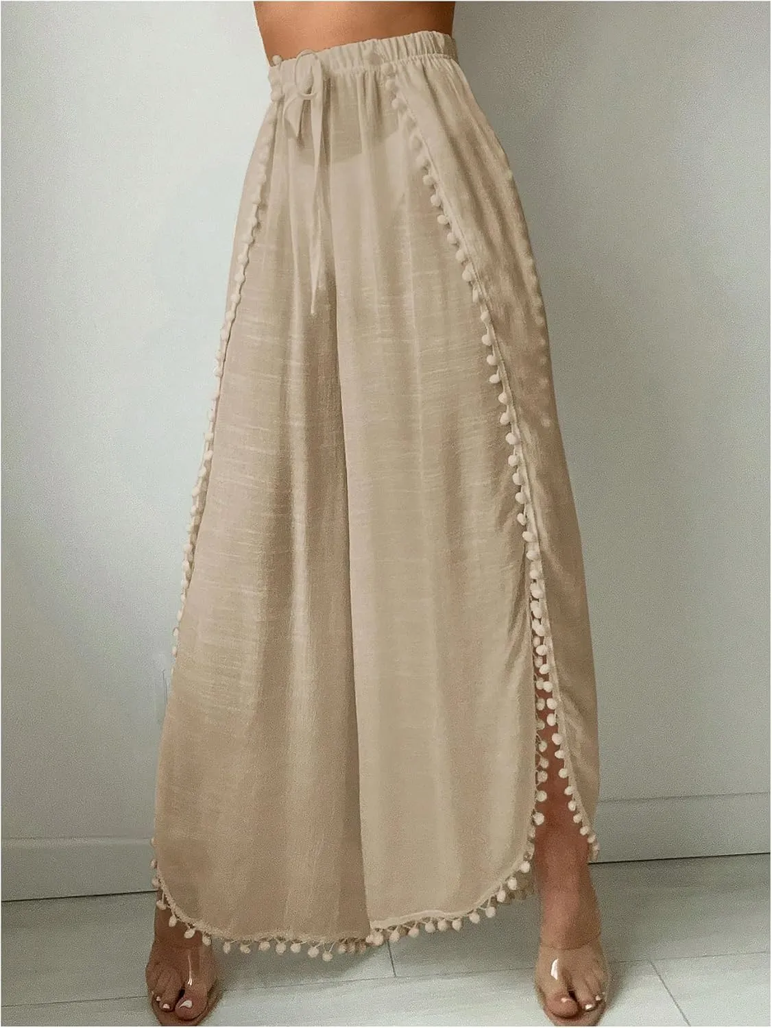 SHENHE Women's Bathing Suit Cover Up Pants Split Wide Leg Sheer Flowy Beach Palazzo Pants