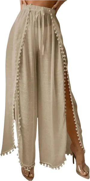 SHENHE Women's Bathing Suit Cover Up Pants Split Wide Leg Sheer Flowy Beach Palazzo Pants
