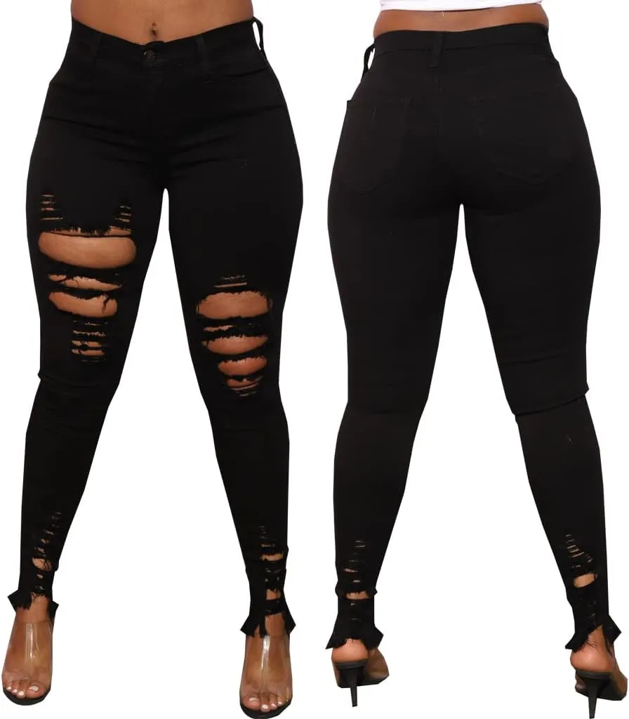Skinny Jeans for Women High Waisted Ripped Hole Side Ruffle Raw Hem Distressed Classic Denim Jean Pants