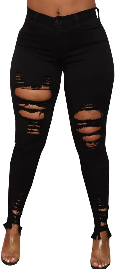 Skinny Jeans for Women High Waisted Ripped Hole Side Ruffle Raw Hem Distressed Classic Denim Jean Pants
