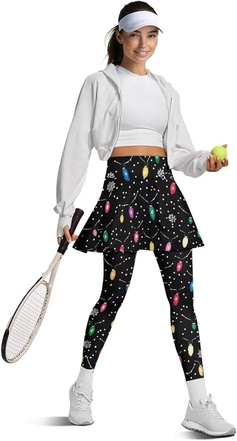 Skirted Leggings for Women with Pockets High Waisted Golf Tennis Yoga Pants with Skirt for Running Workout XS-3XL