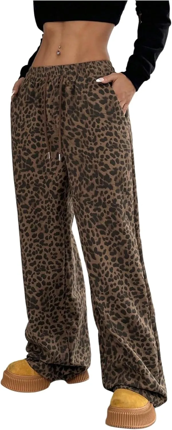 SOLY HUX Women's Leopard Pants Y2k Cheetah Print Drawstring Waist Wide Leg Baggy Pants Trousers with Pockets