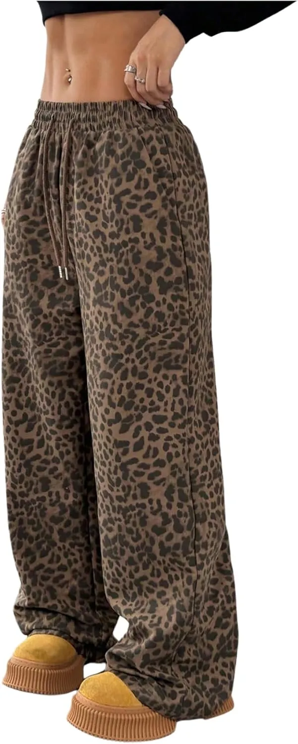 SOLY HUX Women's Leopard Pants Y2k Cheetah Print Drawstring Waist Wide Leg Baggy Pants Trousers with Pockets