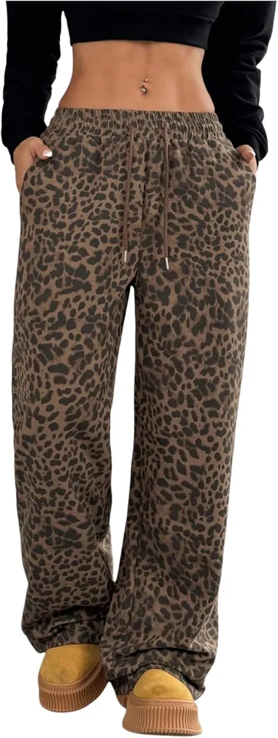 SOLY HUX Women's Leopard Pants Y2k Cheetah Print Drawstring Waist Wide Leg Baggy Pants Trousers with Pockets