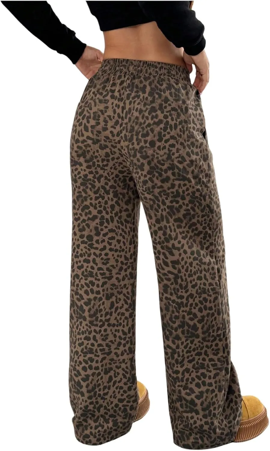 SOLY HUX Women's Leopard Pants Y2k Cheetah Print Drawstring Waist Wide Leg Baggy Pants Trousers with Pockets