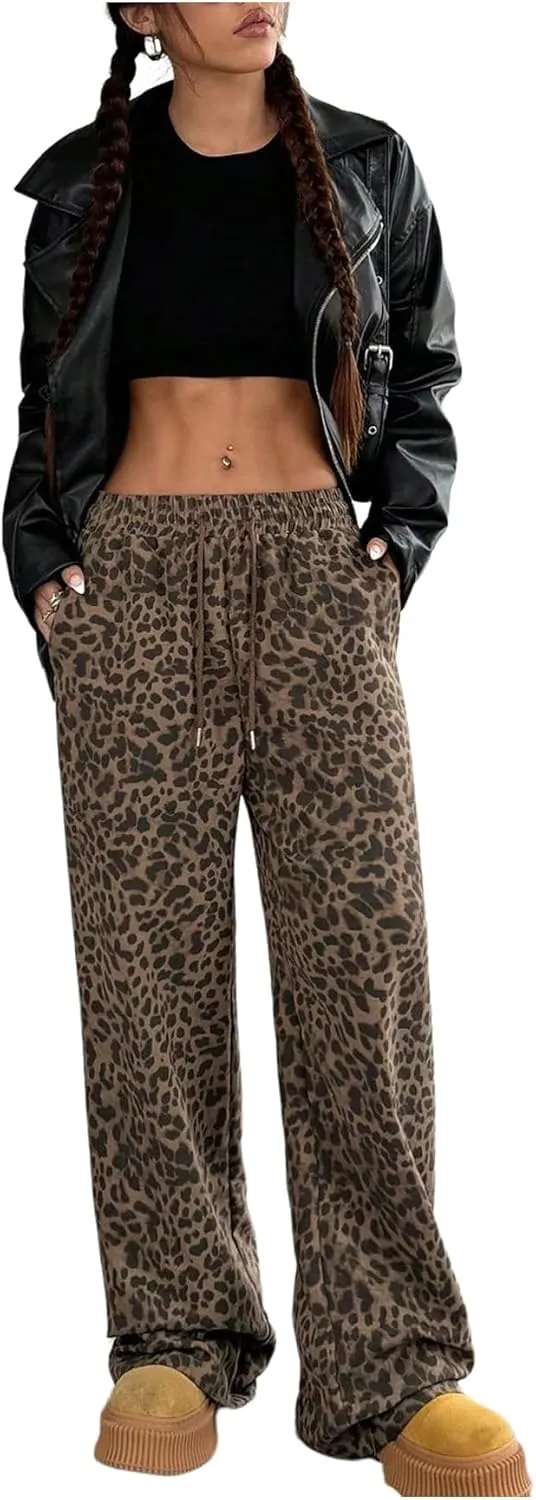 SOLY HUX Women's Leopard Pants Y2k Cheetah Print Drawstring Waist Wide Leg Baggy Pants Trousers with Pockets
