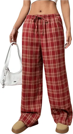 SOLY HUX Women's Plaid Print Straight Leg Trousers Drawstring High Waist Lounge Pants Casual Loose Long Pants