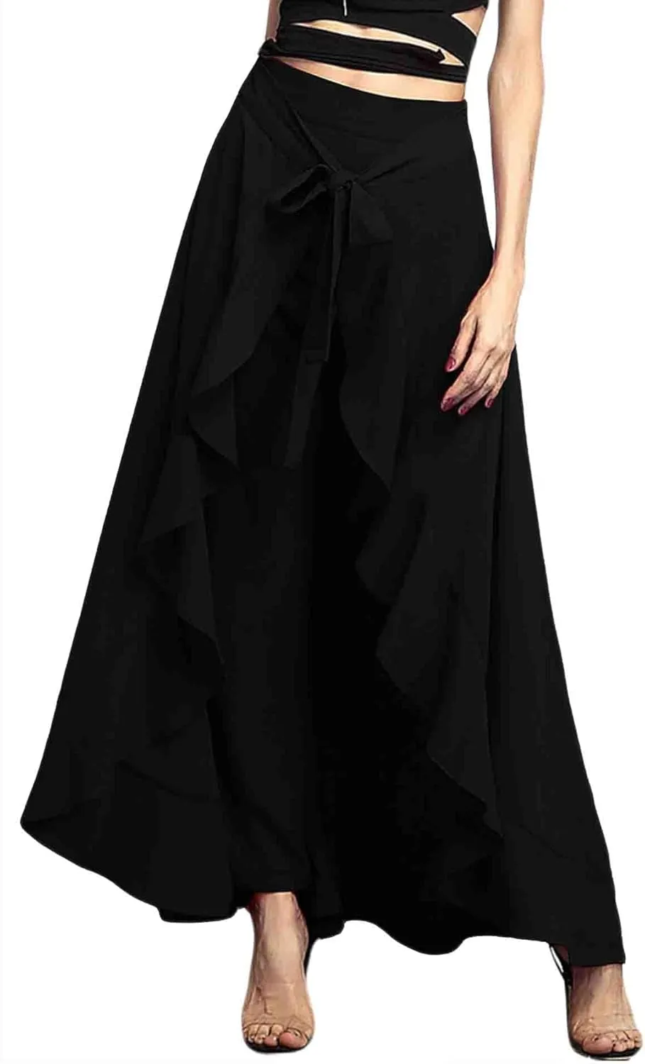SOMTHRON Women's Casual High Waist Ruffle Pants Tie Knot Front Palazzo Overlay Flowy Beach Maxi Skirt Trousers