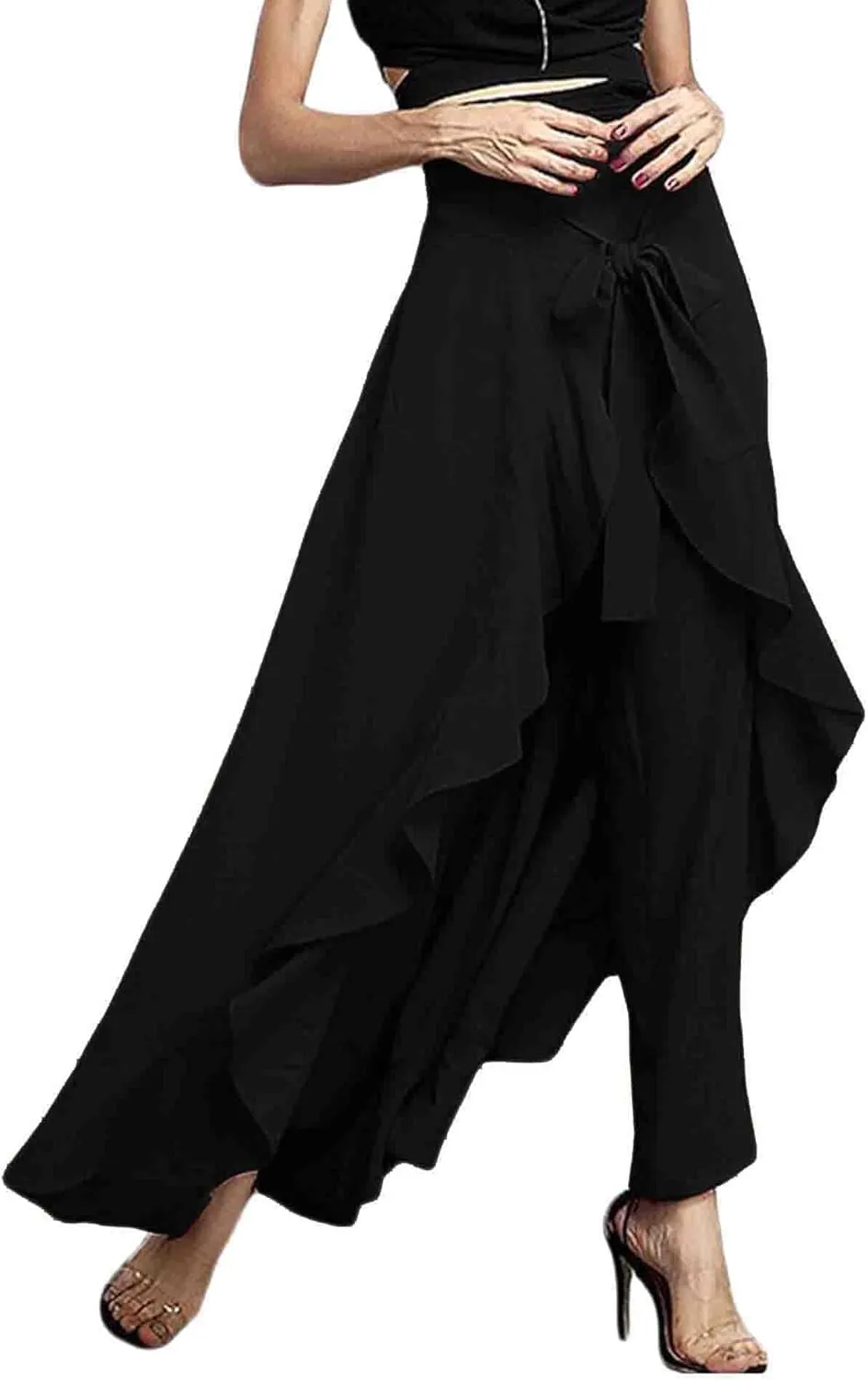 SOMTHRON Women's Casual High Waist Ruffle Pants Tie Knot Front Palazzo Overlay Flowy Beach Maxi Skirt Trousers