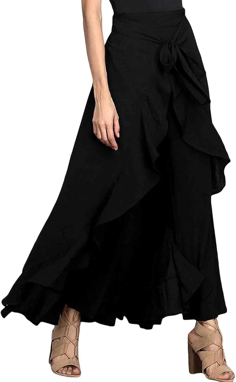 SOMTHRON Women's Casual High Waist Ruffle Pants Tie Knot Front Palazzo Overlay Flowy Beach Maxi Skirt Trousers