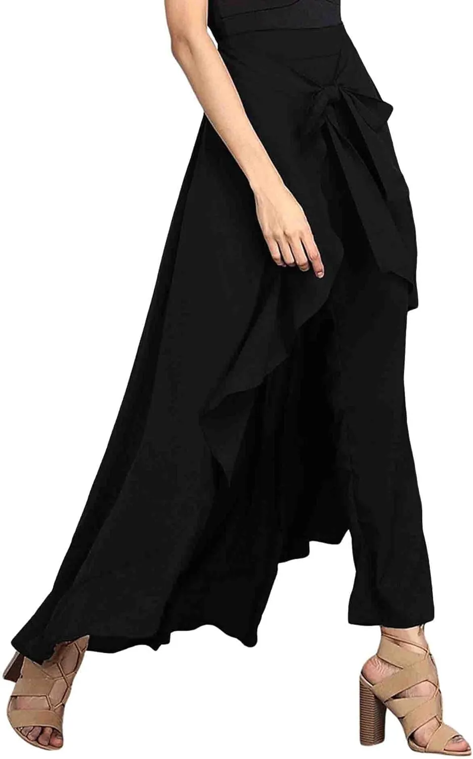 SOMTHRON Women's Casual High Waist Ruffle Pants Tie Knot Front Palazzo Overlay Flowy Beach Maxi Skirt Trousers