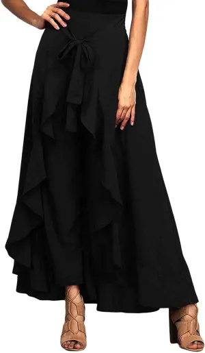 SOMTHRON Women's Casual High Waist Ruffle Pants Tie Knot Front Palazzo Overlay Flowy Beach Maxi Skirt Trousers