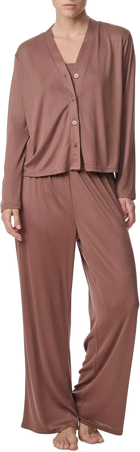Splendid Women's Long Sleeve Cardigan, Crop Tank and High Waisted Pant 3-Piece Pajama Set
