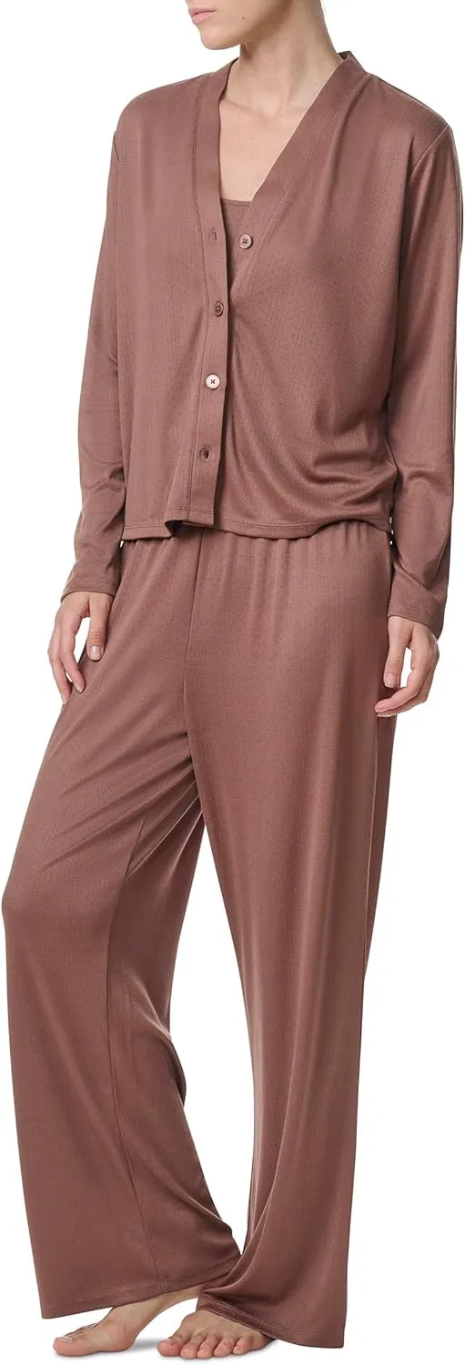 Splendid Women's Long Sleeve Cardigan, Crop Tank and High Waisted Pant 3-Piece Pajama Set