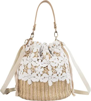 Straw Shoulder Bag Women Drawstring Lace Woven Travel Handbag Rattan Bucket Summer Beach Hobo Bag Crossbody Tote Purse