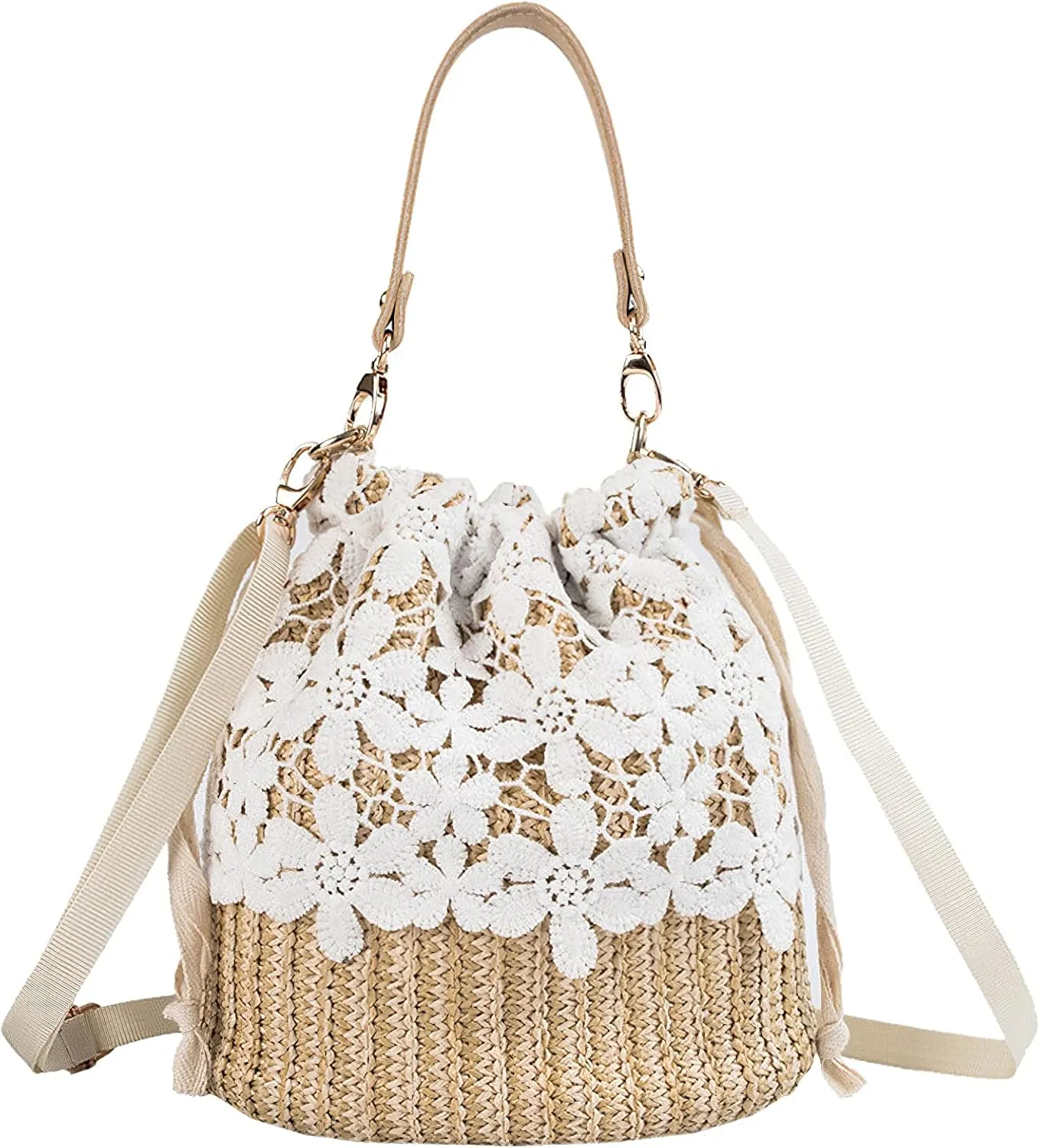 Straw Shoulder Bag Women Drawstring Lace Woven Travel Handbag Rattan Bucket Summer Beach Hobo Bag Crossbody Tote Purse