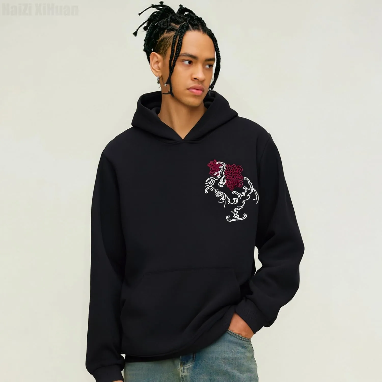 Streetwear Men's Dragon Embroidered Heavyweight Graphic Hoodies Japanese Techwear baggy Anime Hoodie
