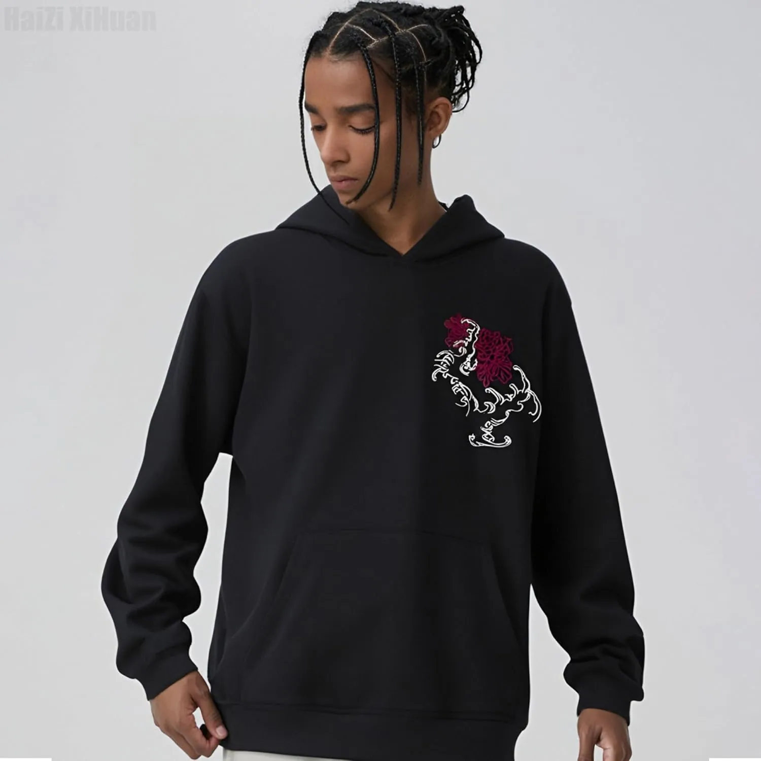 Streetwear Men's Dragon Embroidered Heavyweight Graphic Hoodies Japanese Techwear baggy Anime Hoodie