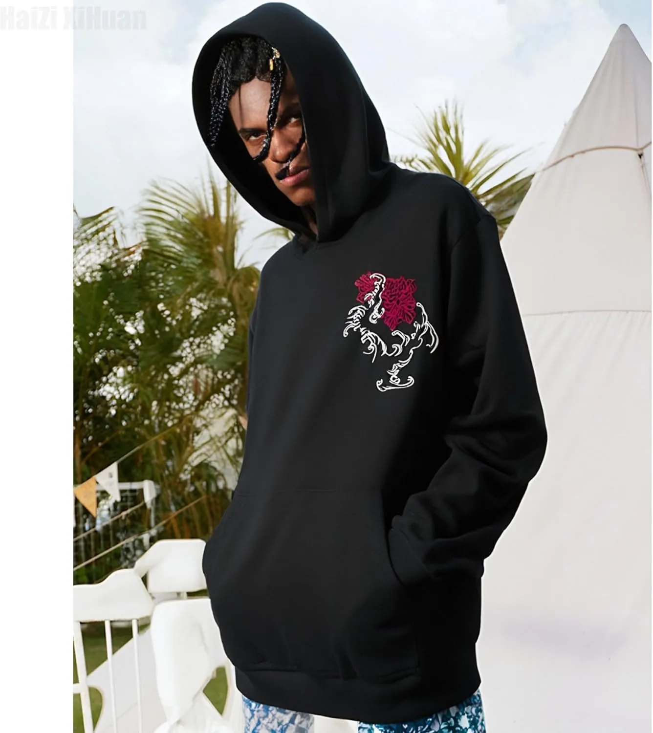 Streetwear Men's Dragon Embroidered Heavyweight Graphic Hoodies Japanese Techwear baggy Anime Hoodie