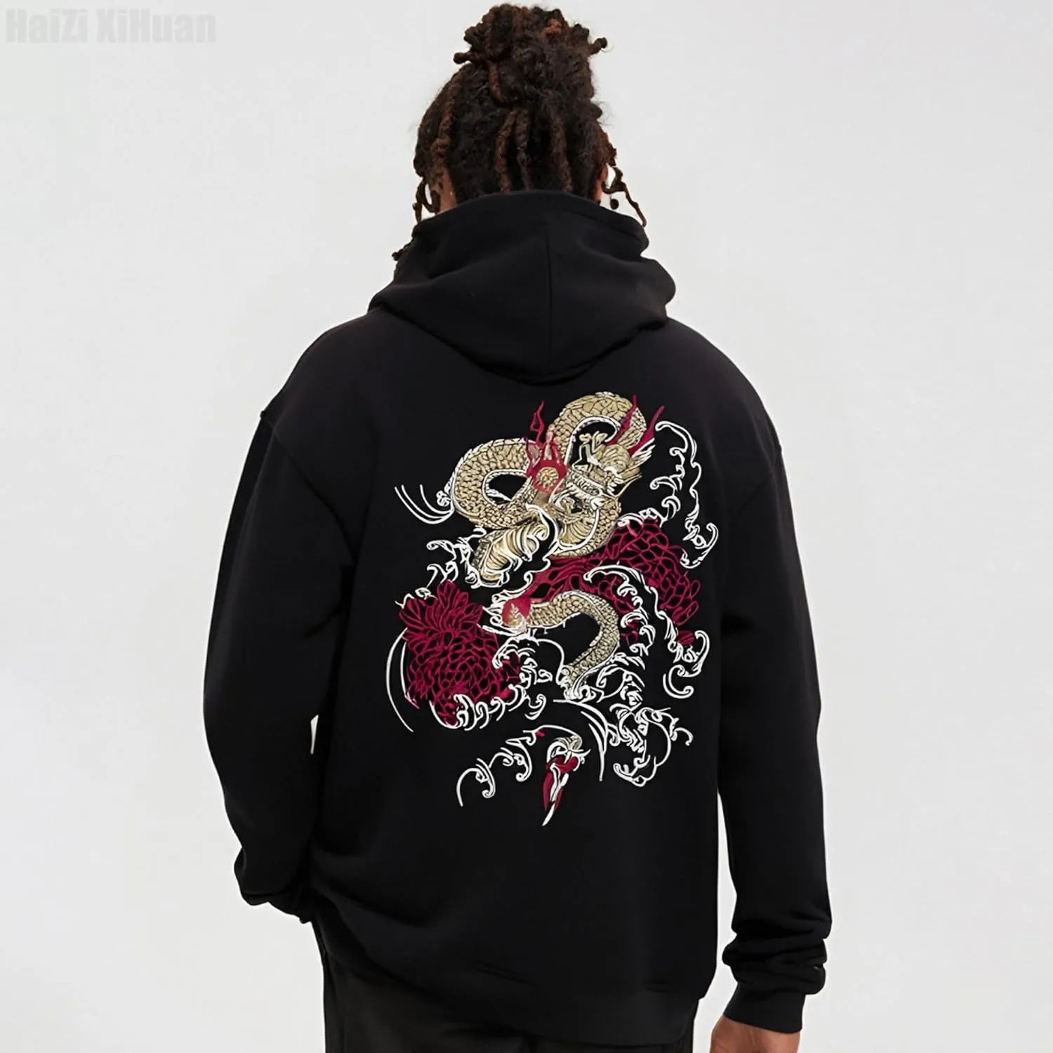 Streetwear Men's Dragon Embroidered Heavyweight Graphic Hoodies Japanese Techwear baggy Anime Hoodie