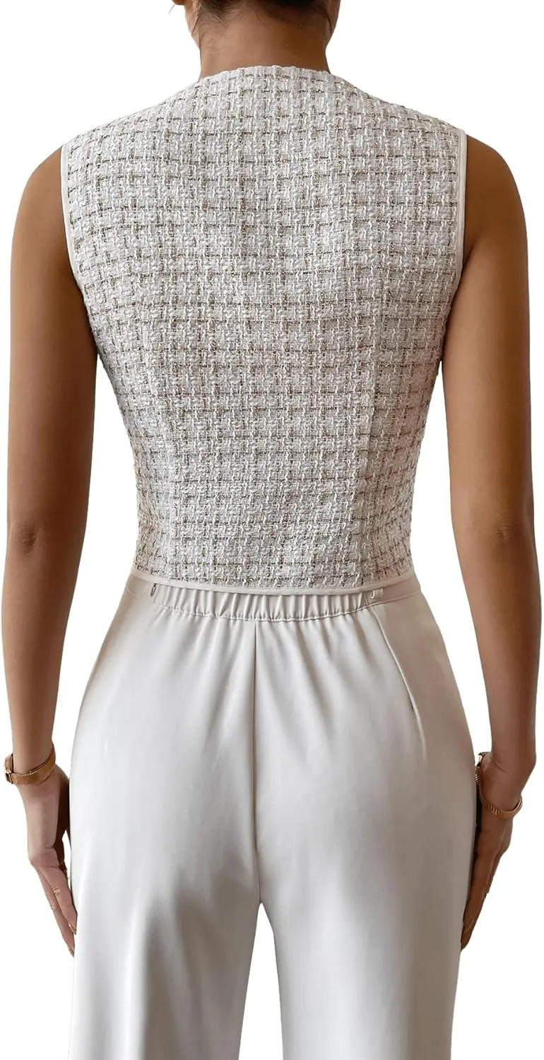 SweatyRocks Women's Elegant Plaid Print Sleeveless V Neck Button Down Blazer Vest Jacket