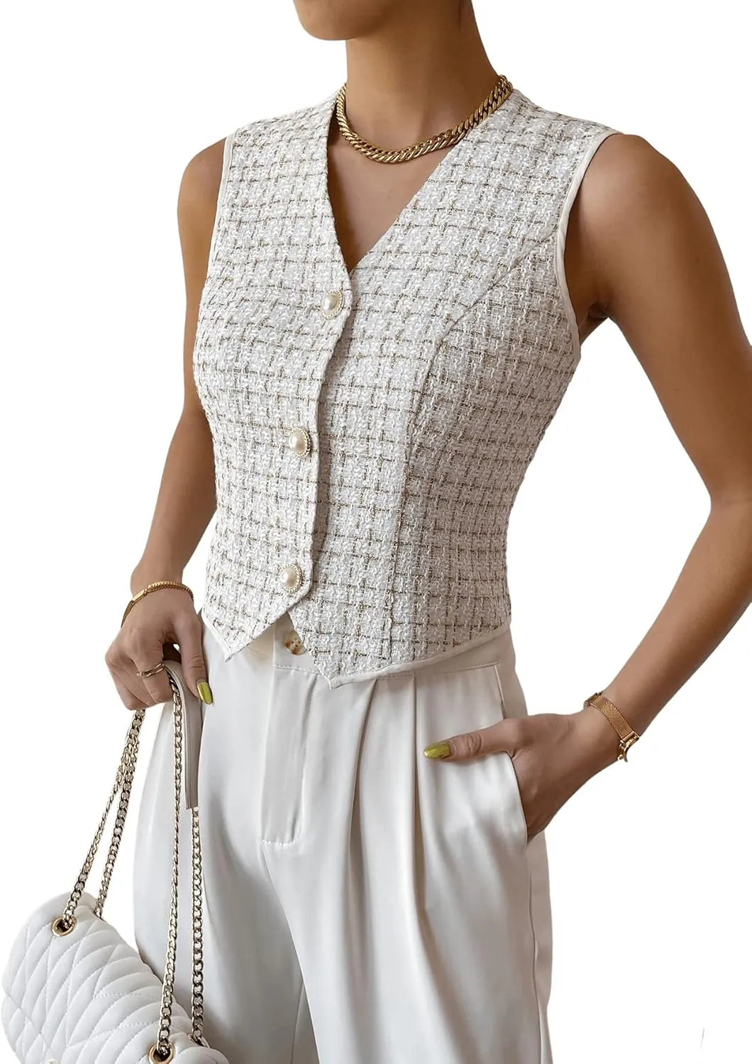 SweatyRocks Women's Elegant Plaid Print Sleeveless V Neck Button Down Blazer Vest Jacket