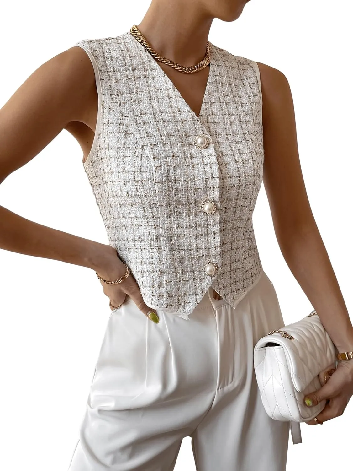 SweatyRocks Women's Elegant Plaid Print Sleeveless V Neck Button Down Blazer Vest Jacket