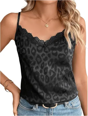 SweatyRocks Women's Leopard Print Lace V Neck Cami Top Sleeveless Spaghetti Strap Camisole