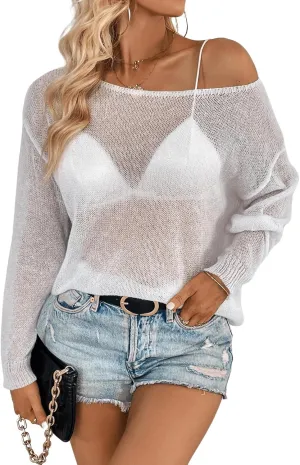 SweatyRocks Women's Long Sleeve Boat Neck Drop Shoulder Loose Fit Pullover Sheer Sweater