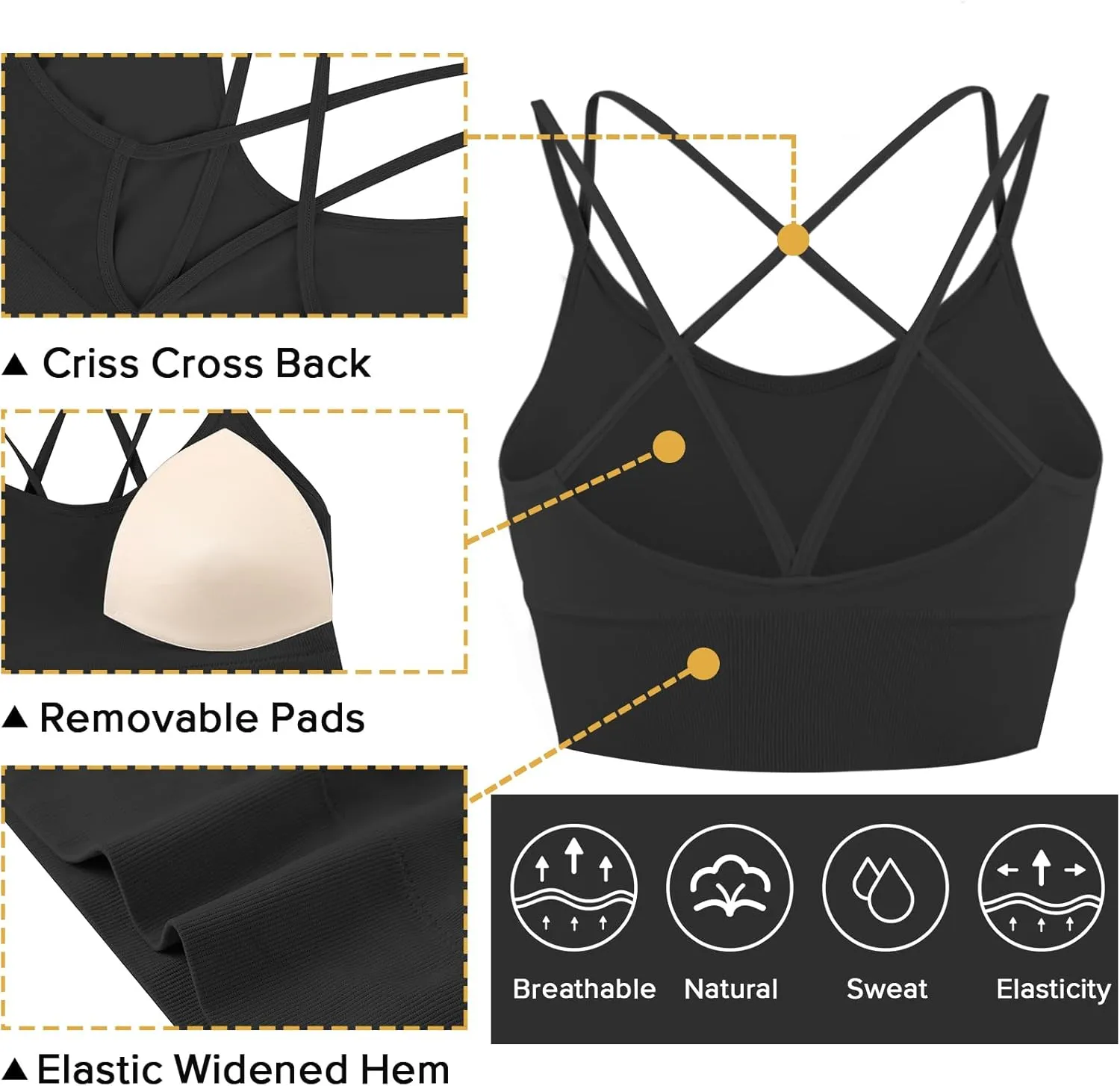 Sykooria 3 Pack Strappy Sports Bra for Women Sexy Crisscross for Yoga Running Athletic Gym Workout Fitness Tank Tops