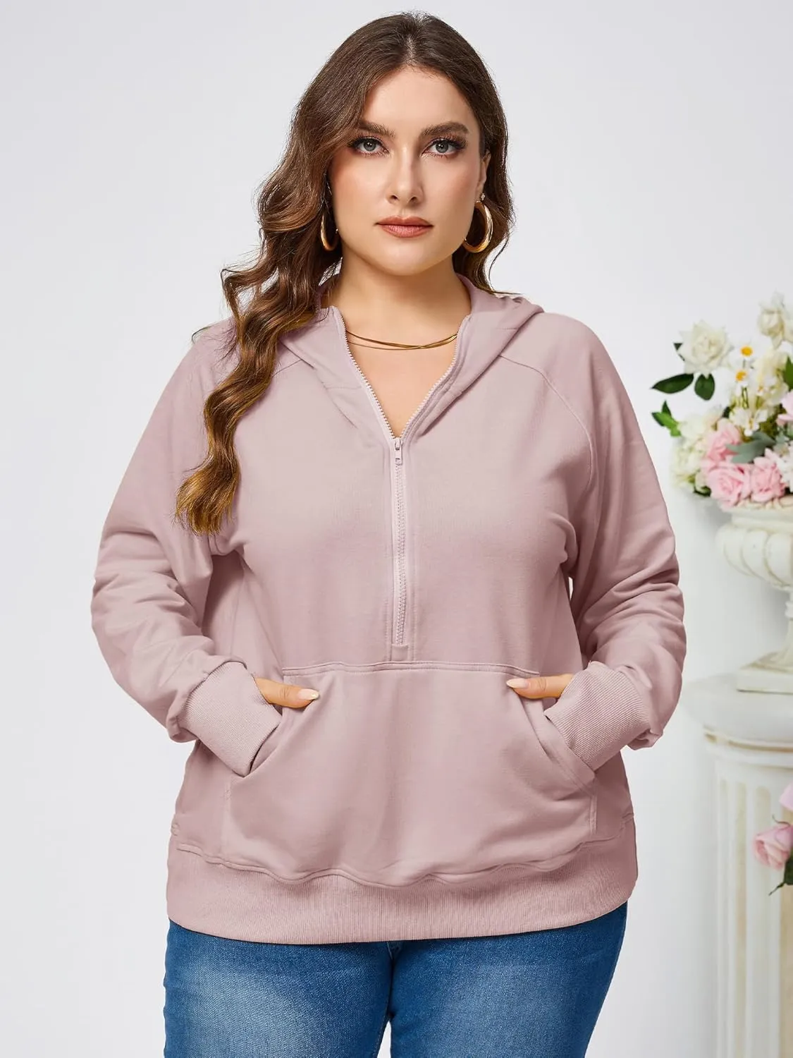 TAKEYAL Womens Plus Size Hoodies Oversized Sweatshirts Half Quarter Zip Pullover Long Sleeve Fall Outfits With Pocket