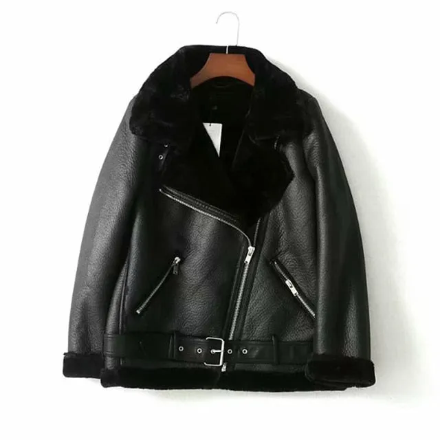 Thick and warm faux leather jacket Coat women&#39;s beige long-sleeved belt jacket women  winter fashion new streetwear Tops