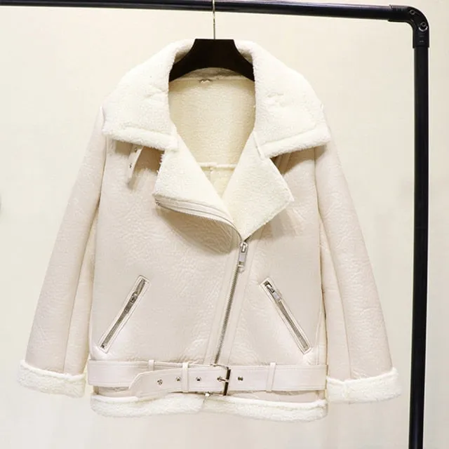 Thick and warm faux leather jacket Coat women&#39;s beige long-sleeved belt jacket women  winter fashion new streetwear Tops