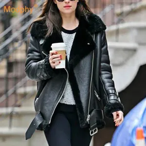 Thick and warm faux leather jacket Coat women&#39;s beige long-sleeved belt jacket women  winter fashion new streetwear Tops