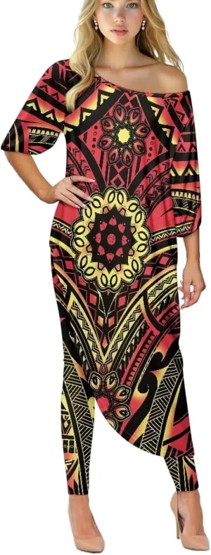 Traditional Polynesia Samoa Women's Off The Shoulder Maxi Top Casual Irregular Hem T Shirt Stretchy Pant Sets