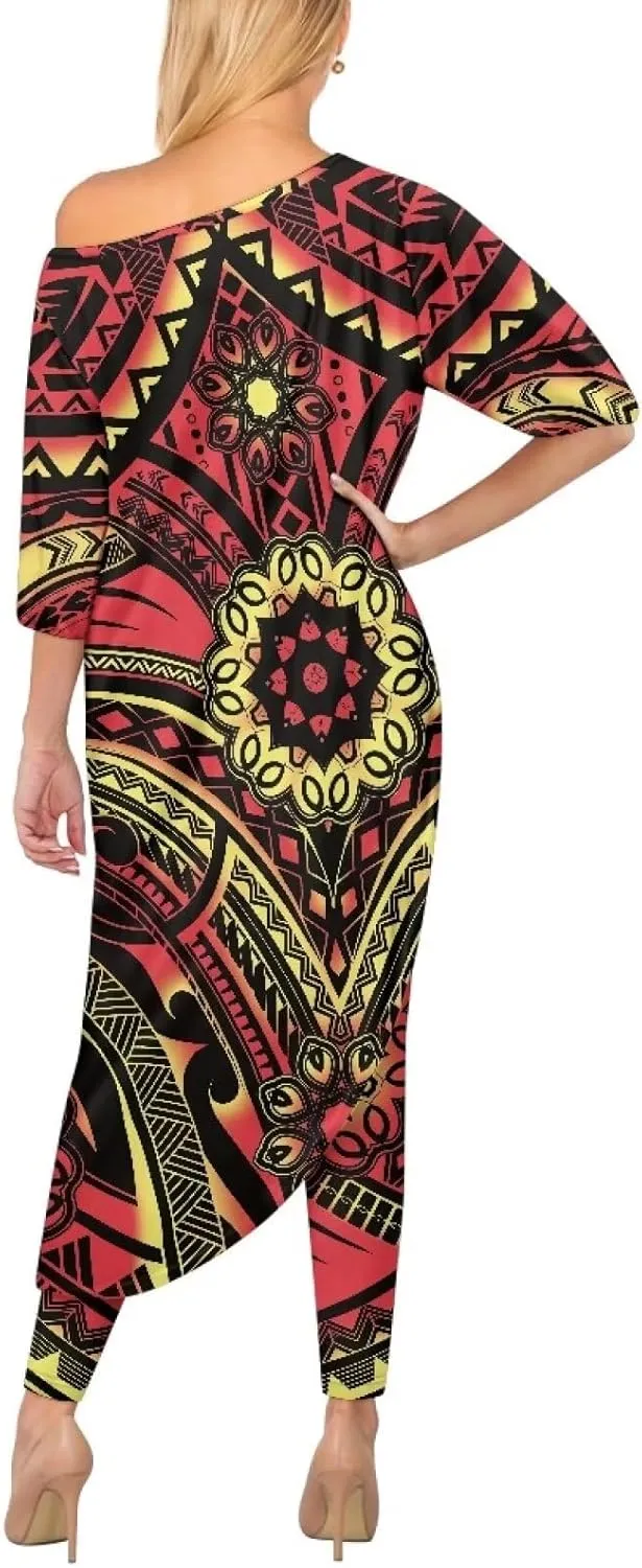 Traditional Polynesia Samoa Women's Off The Shoulder Maxi Top Casual Irregular Hem T Shirt Stretchy Pant Sets