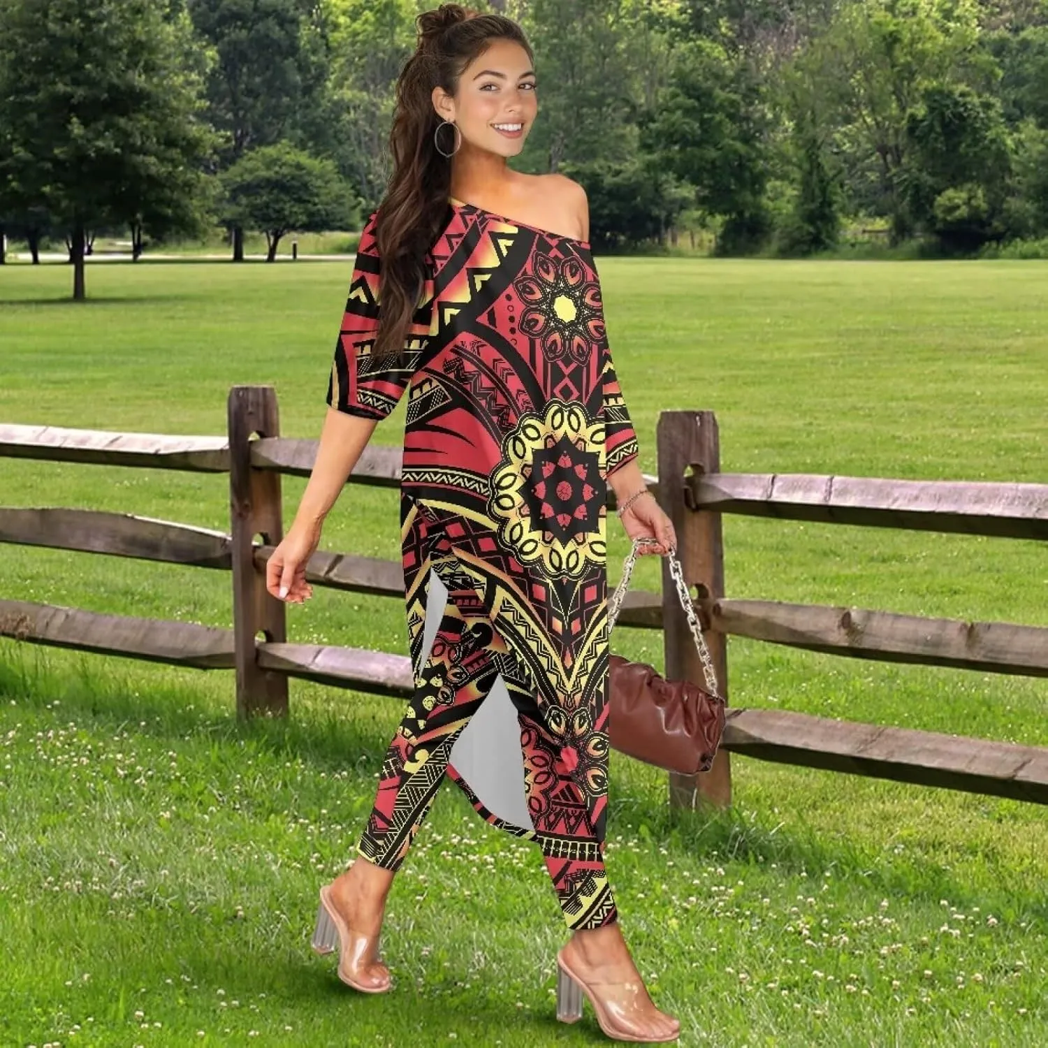 Traditional Polynesia Samoa Women's Off The Shoulder Maxi Top Casual Irregular Hem T Shirt Stretchy Pant Sets