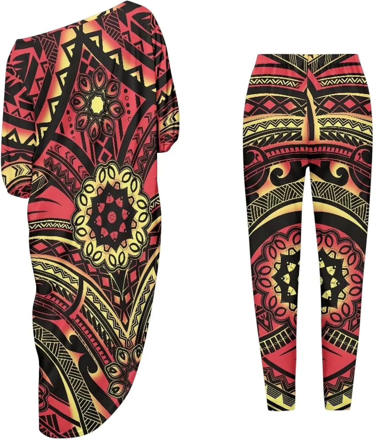 Traditional Polynesia Samoa Women's Off The Shoulder Maxi Top Casual Irregular Hem T Shirt Stretchy Pant Sets