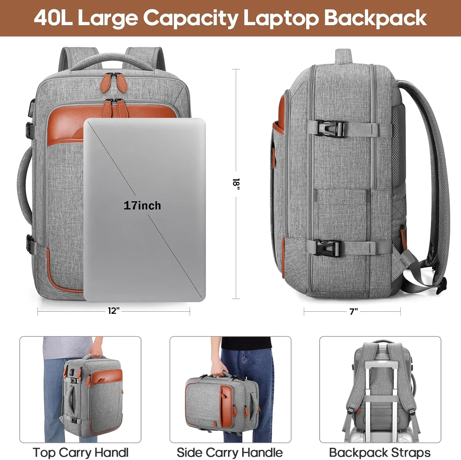 Travel Backpack, 17Inch Laptop Backpack, Carry-on Approved Bag for Men & Women, Waterproof Luggage with Packing Cubes, Shoe Pocket, Personal Item Size for Flights