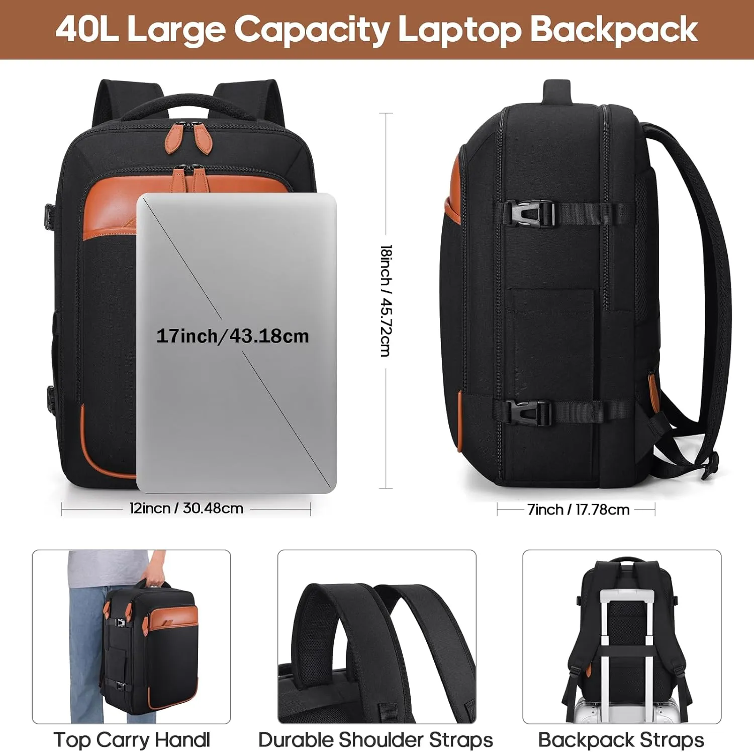 Travel Backpack, 17Inch Laptop Backpack, Carry-on Approved Bag for Men & Women, Waterproof Luggage with Packing Cubes, Shoe Pocket, Personal Item Size for Flights