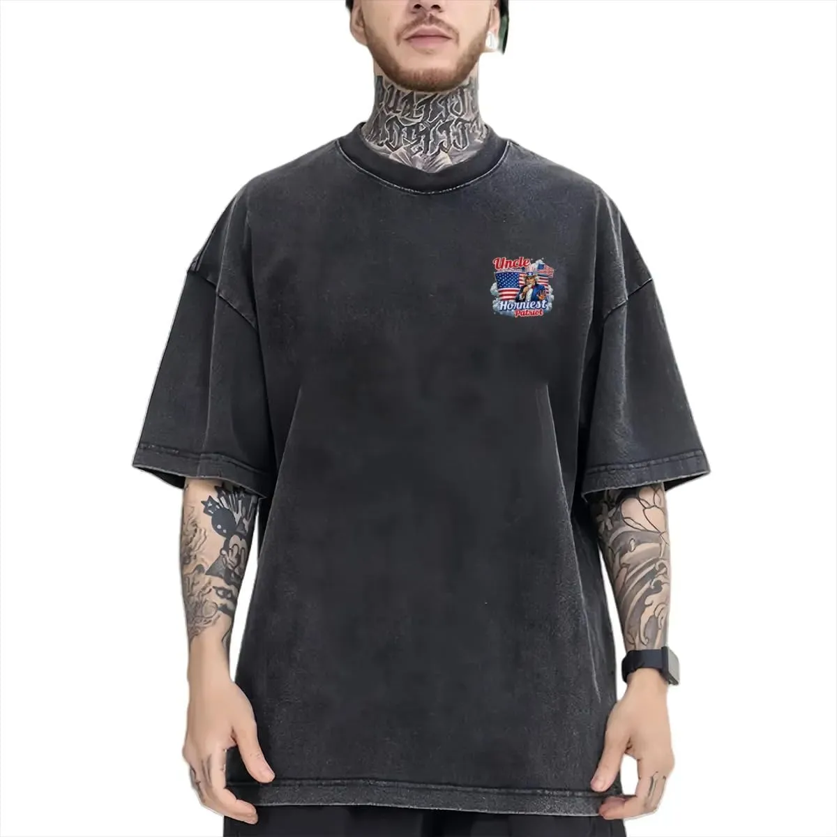 Uncle Sam's HORNIEST Patriot Classic Two Sides Retro Short Sleeve Shirt Men's Round Neck Sports T-Shirt