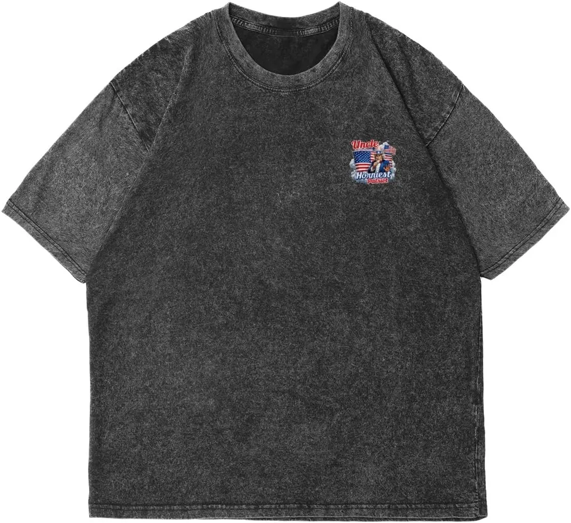 Uncle Sam's HORNIEST Patriot Classic Two Sides Retro Short Sleeve Shirt Men's Round Neck Sports T-Shirt